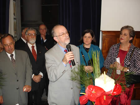O Min. Flávio Flores da Cunha Bierrenbach discursa na comemoração do 90º aniversário do Prof. Goffredo na Sala Visconde de São Leopoldo (Faculdade de Direito da USP) em 16 de maio de 2005